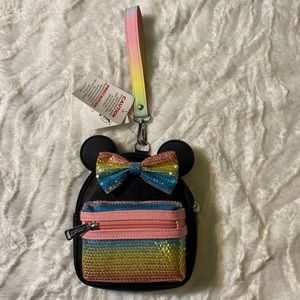 New Disney Loungefly Minnie Mouse Pastel Rainbow Sequin Mini Waist Wristlet Bag